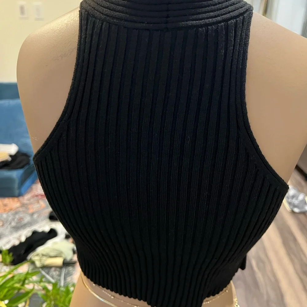 Black Ribbed Cross Halter Top - Picture 2 of 2